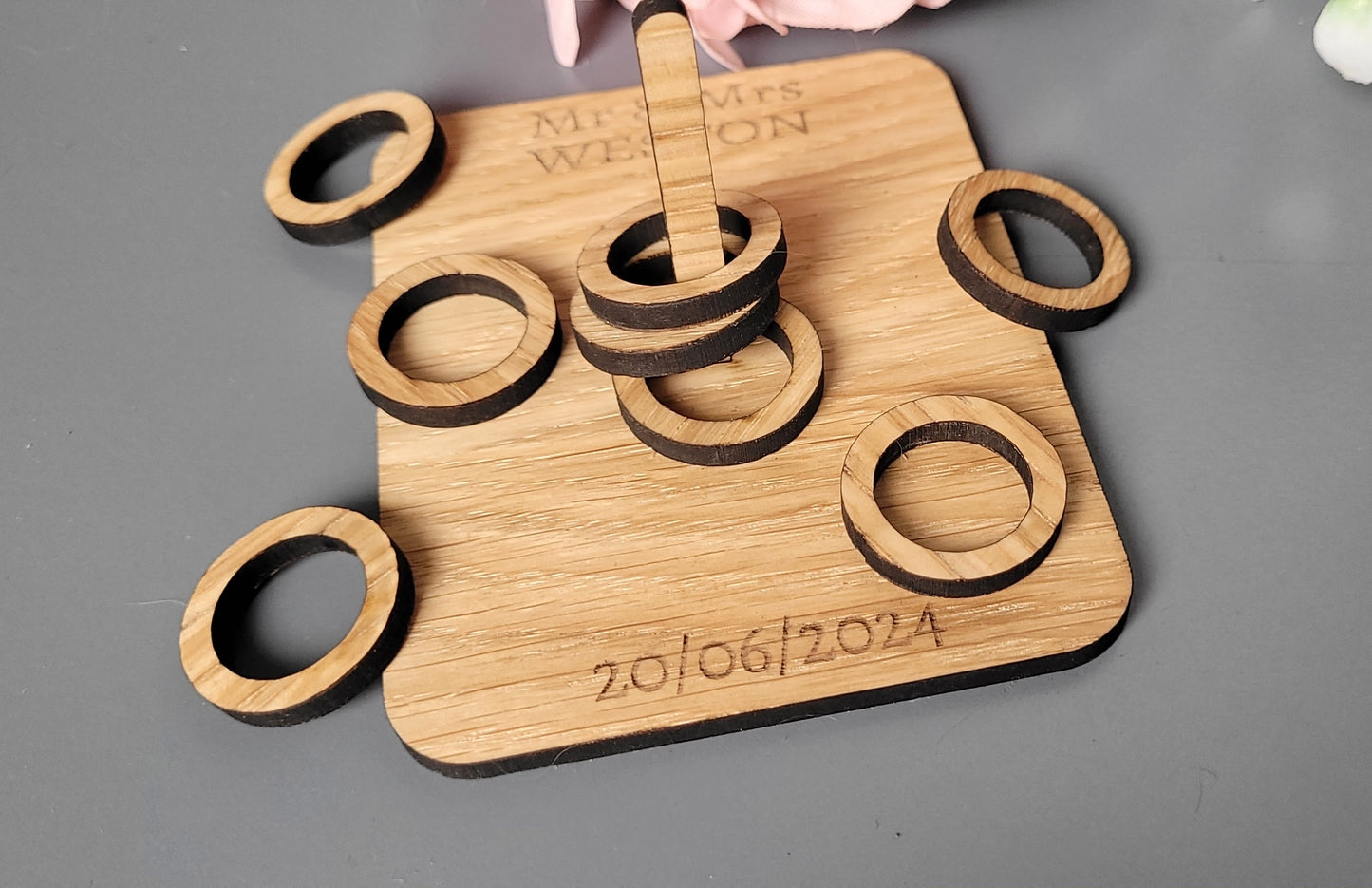 Personalised Oak Veneer Wedding Games – Hearts & Crosses + Ring Toss in Organza Bags