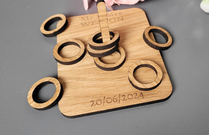 Personalised Oak Veneer Wedding Games – Hearts & Crosses + Ring Toss in Organza Bags
