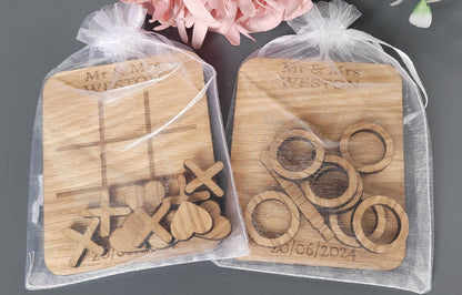 Personalised Oak Veneer Wedding Games – Hearts & Crosses + Ring Toss in Organza Bags