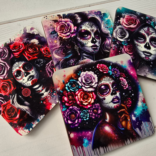 Day of the Dead Coasters – 20 Colourful Female Skull Designs  Decorative Sublimation Gift for Dia de los Muertos Lovers