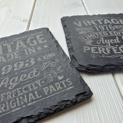 Personalised Vintage Slate Coaster – Add a Custom Birth Year Design, 2 Styles Available, Optional Gift Box