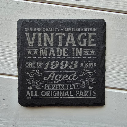 Personalised Vintage Slate Coaster – Add a Custom Birth Year Design, 2 Styles Available, Optional Gift Box