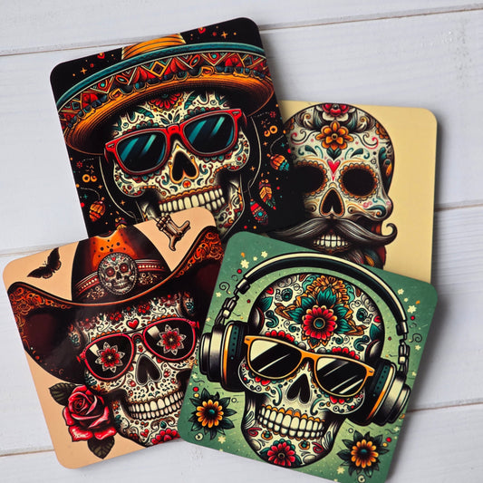 Día de los Muertos Coasters – Colourful Sublimation Coaster Skulls with Modern Details - Mexican Festival Décor