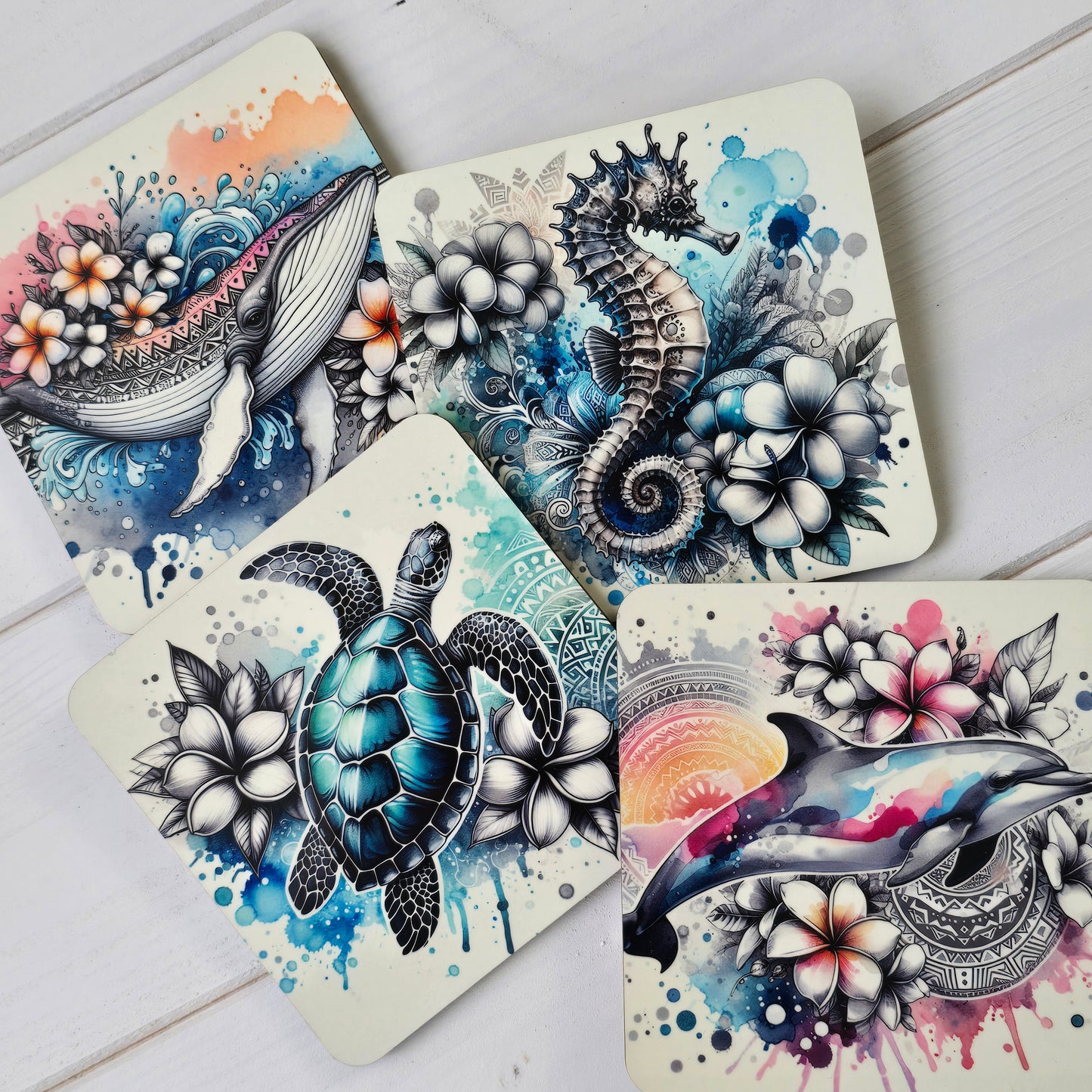 Watercolour Sea Life Coasters – Sublimation Ocean Creatures with Tribal Accents  Turtles, Dolphins, Stingrays & More