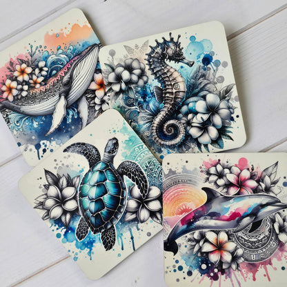 Watercolour Sea Life Coasters – Sublimation Ocean Creatures with Tribal Accents  Turtles, Dolphins, Stingrays & More