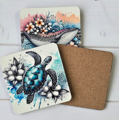 Watercolour Sea Life Coasters – Sublimation Ocean Creatures with Tribal Accents  Turtles, Dolphins, Stingrays & More