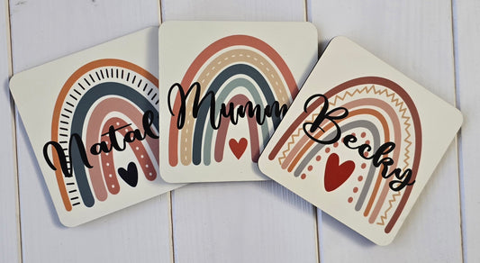 Boho Rainbow Personalised Coaster – Custom Name Sublimation Gift 12 Unique Designs