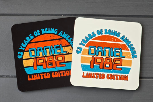 80's Inspired Retro Personalised Coaster – Black or White with Name & Birth Year