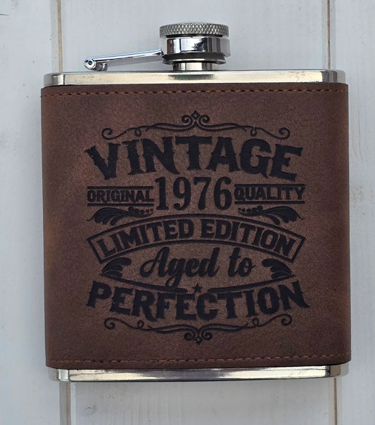 Personalised Vintage Style 6oz Hip Flask – Custom Birth Year Engraving, 4 Colours, Optional Gift Box