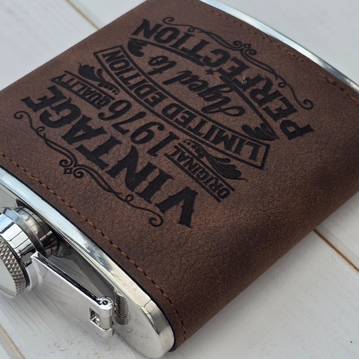 Personalised Vintage Style 6oz Hip Flask – Custom Birth Year Engraving, 4 Colours, Optional Gift Box