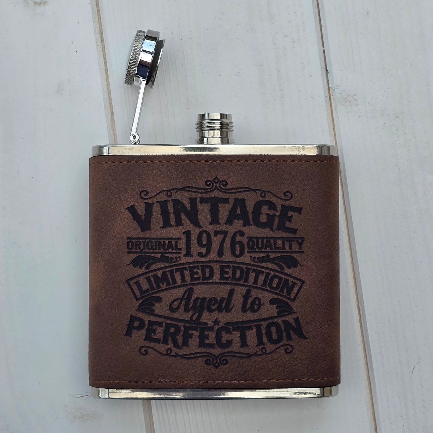 Personalised Vintage Style 6oz Hip Flask – Custom Birth Year Engraving, 4 Colours, Optional Gift Box