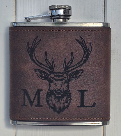 Personalised Stag Head Hip Flask – Laser Engraved 6oz Flask with Optional Initials, 4 Colours, Gift Box Available