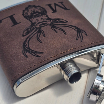 Personalised Stag Head Hip Flask – Laser Engraved 6oz Flask with Optional Initials, 4 Colours, Gift Box Available