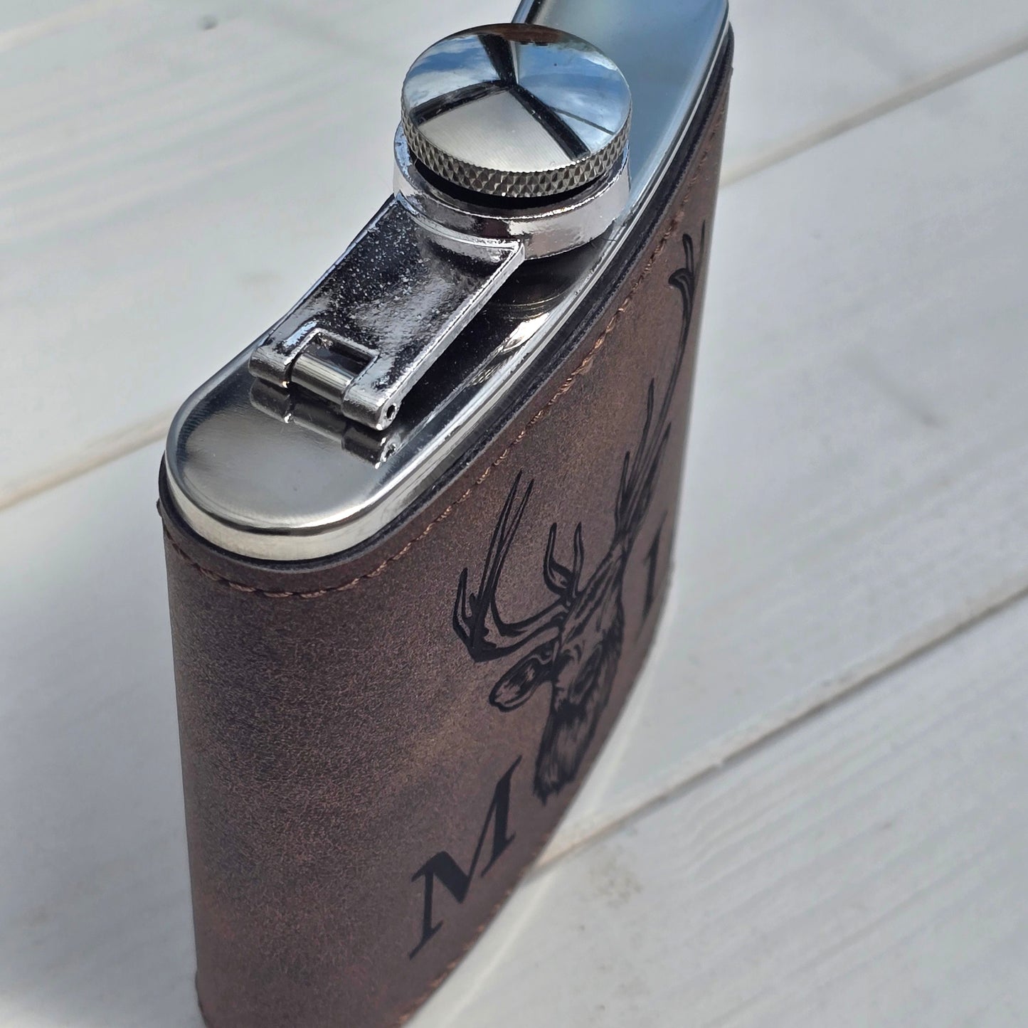 Personalised Stag Head Hip Flask – Laser Engraved 6oz Flask with Optional Initials, 4 Colours, Gift Box Available
