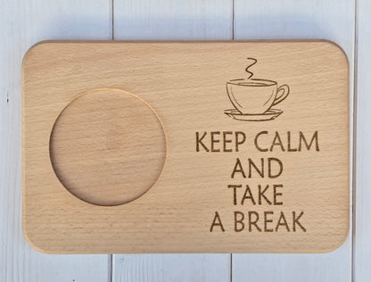 Beechwood Breakfast Board – Mug & Snack Tray with ‘Keep Calm and Take a Break’ Engraving
