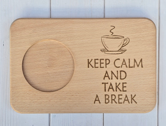 Beechwood Breakfast Board – Mug & Snack Tray with ‘Keep Calm and Take a Break’ Engraving