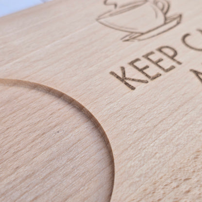 Beechwood Breakfast Board – Mug & Snack Tray with ‘Keep Calm and Take a Break’ Engraving