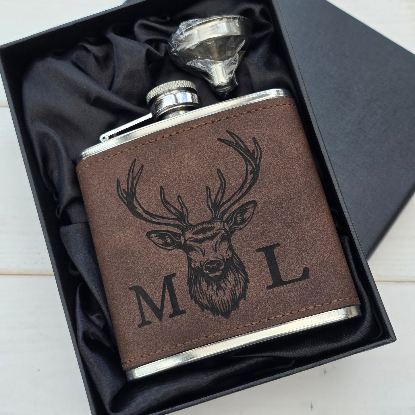 Personalised Stag Head Hip Flask – Laser Engraved 6oz Flask with Optional Initials, 4 Colours, Gift Box Available