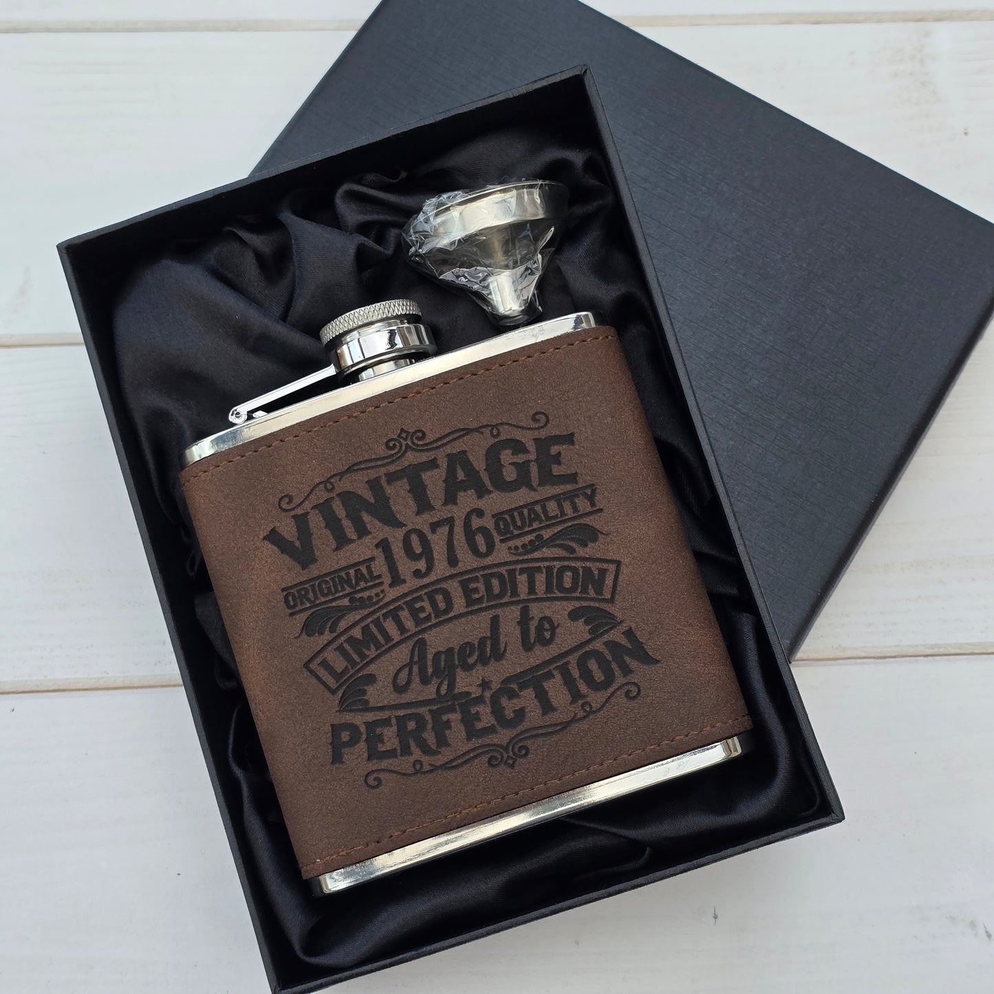 Personalised Vintage Style 6oz Hip Flask – Custom Birth Year Engraving, 4 Colours, Optional Gift Box