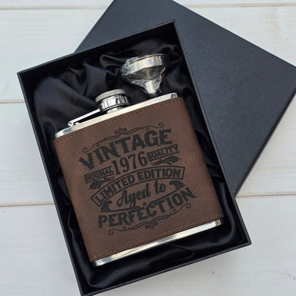 Personalised Vintage Style 6oz Hip Flask – Custom Birth Year Engraving, 4 Colours, Optional Gift Box