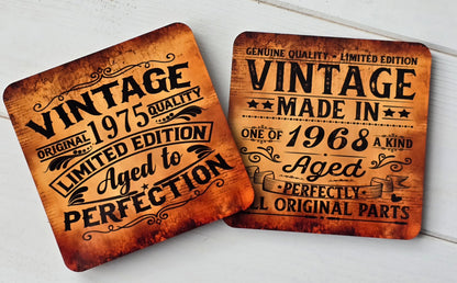 Personalised “Limited Edition” "Vintage" Coaster – Rustic Sublimation with Personalised Birth Year