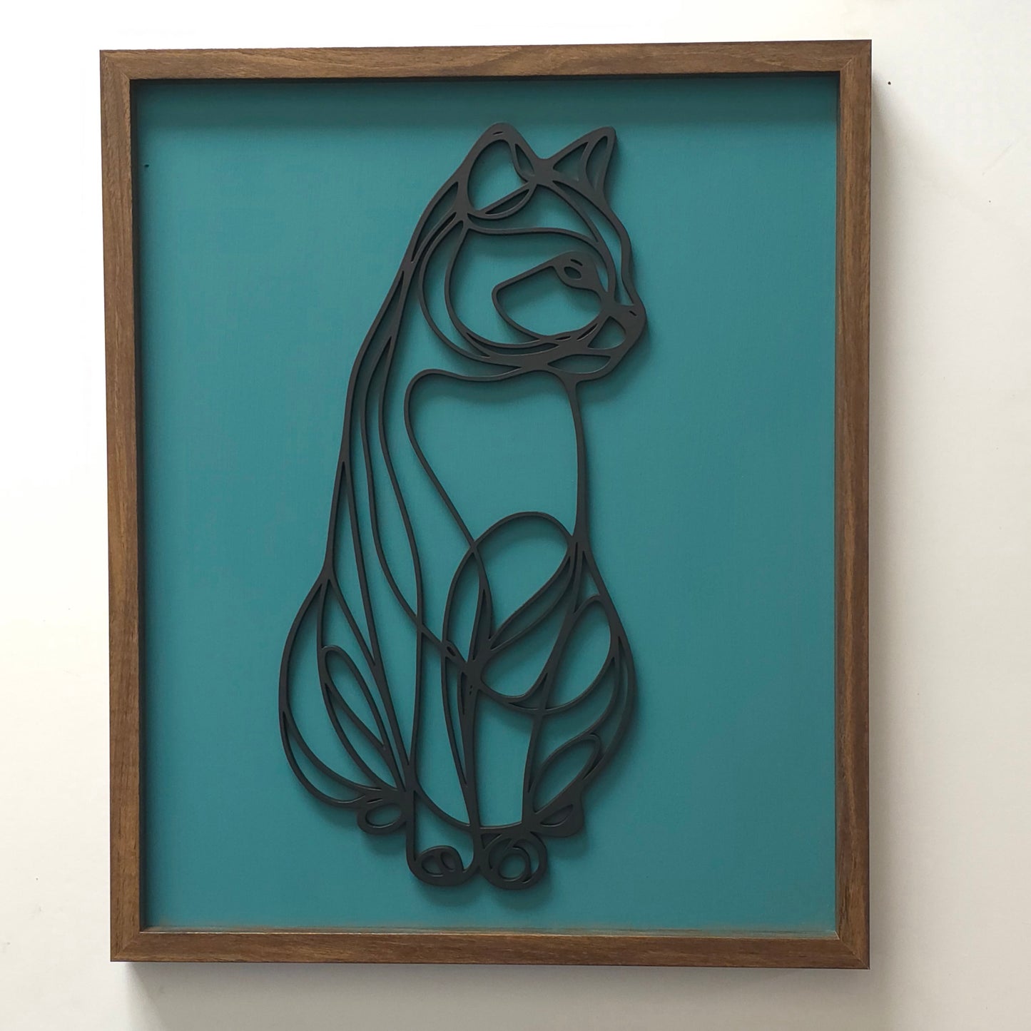 Single-Line 3D Cat Hanging Wall Art – Black Silhouette with Custom Background Colours, Framed