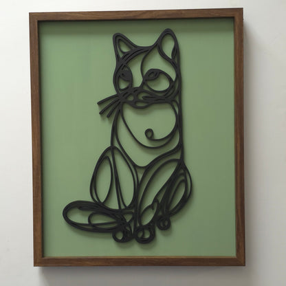 Single-Line 3D Cat Hanging Wall Art – Black Silhouette with Custom Background Colours, Framed