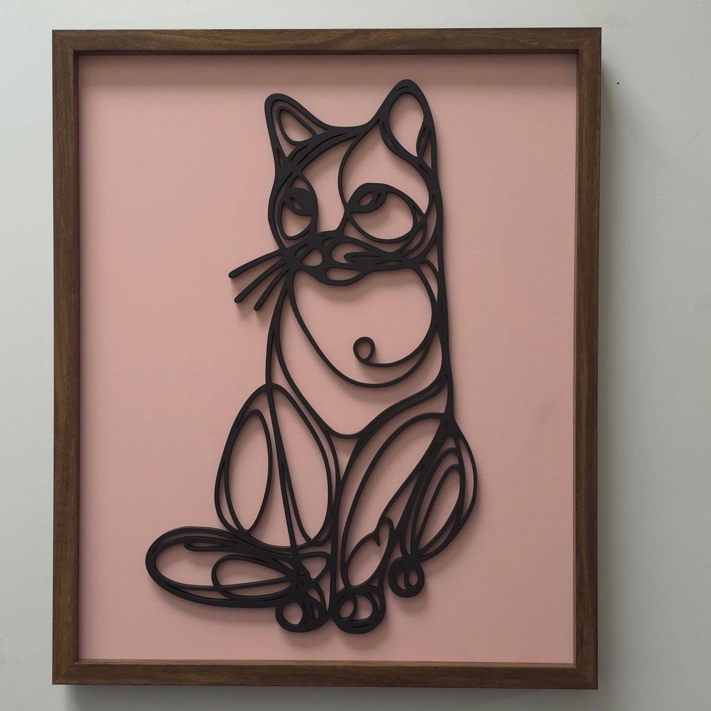Single-Line 3D Cat Hanging Wall Art – Black Silhouette with Custom Background Colours, Framed