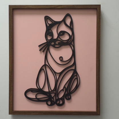 Single-Line 3D Cat Hanging Wall Art – Black Silhouette with Custom Background Colours, Framed