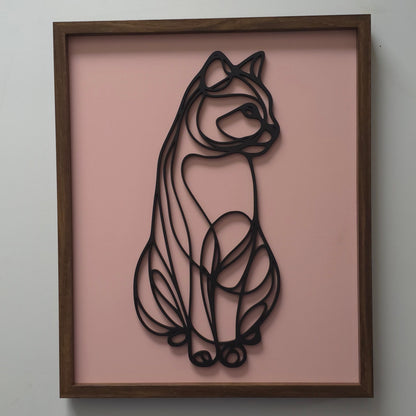 Single-Line 3D Cat Hanging Wall Art – Black Silhouette with Custom Background Colours, Framed