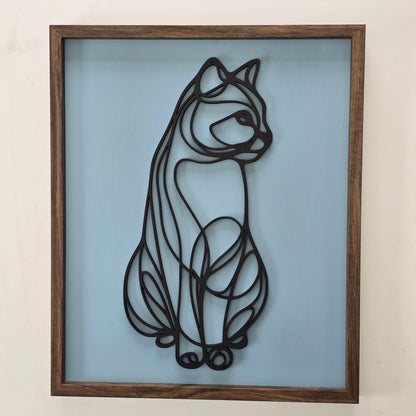 Single-Line 3D Cat Hanging Wall Art – Black Silhouette with Custom Background Colours, Framed