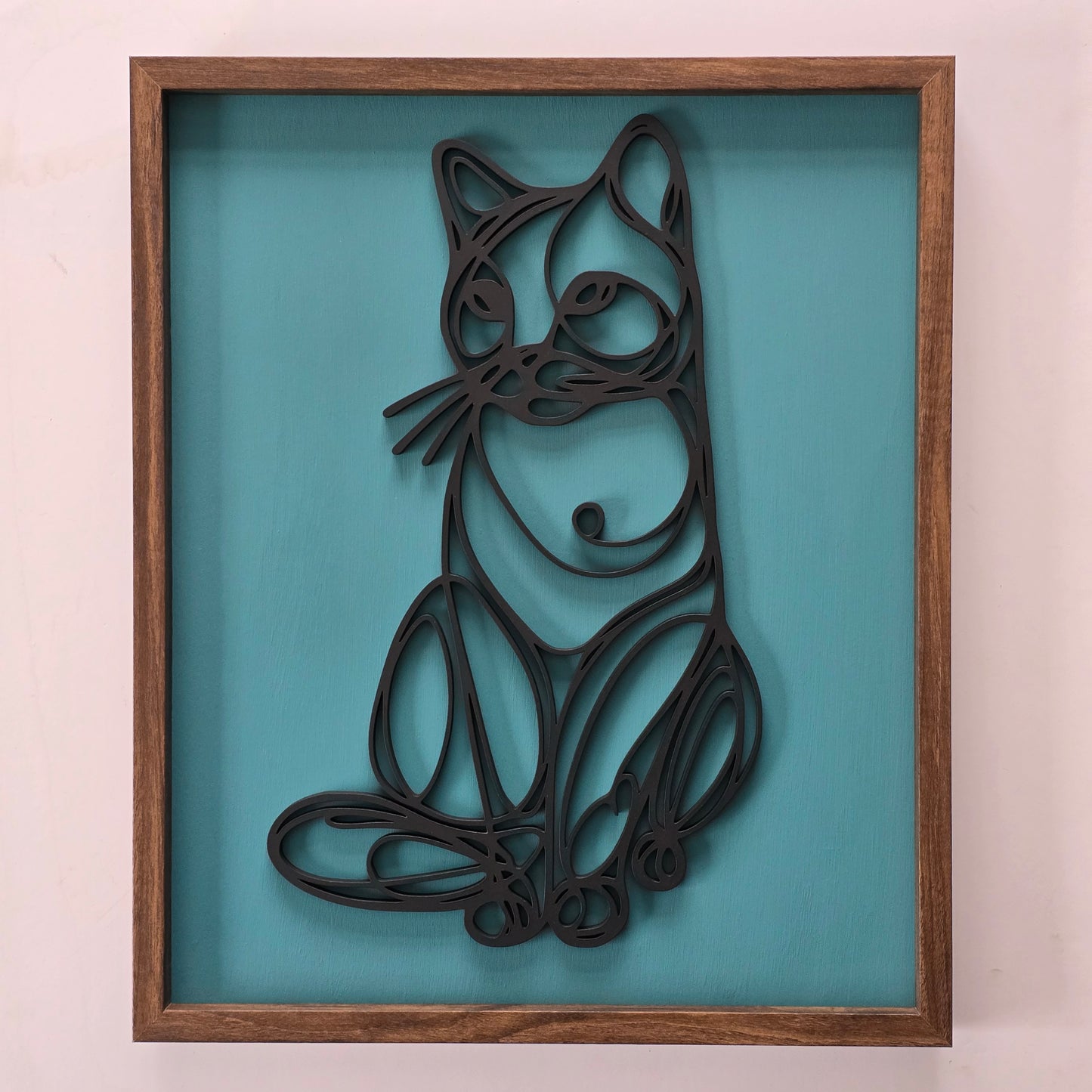 Single-Line 3D Cat Hanging Wall Art – Black Silhouette with Custom Background Colours, Framed