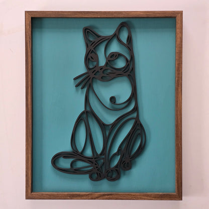 Single-Line 3D Cat Hanging Wall Art – Black Silhouette with Custom Background Colours, Framed