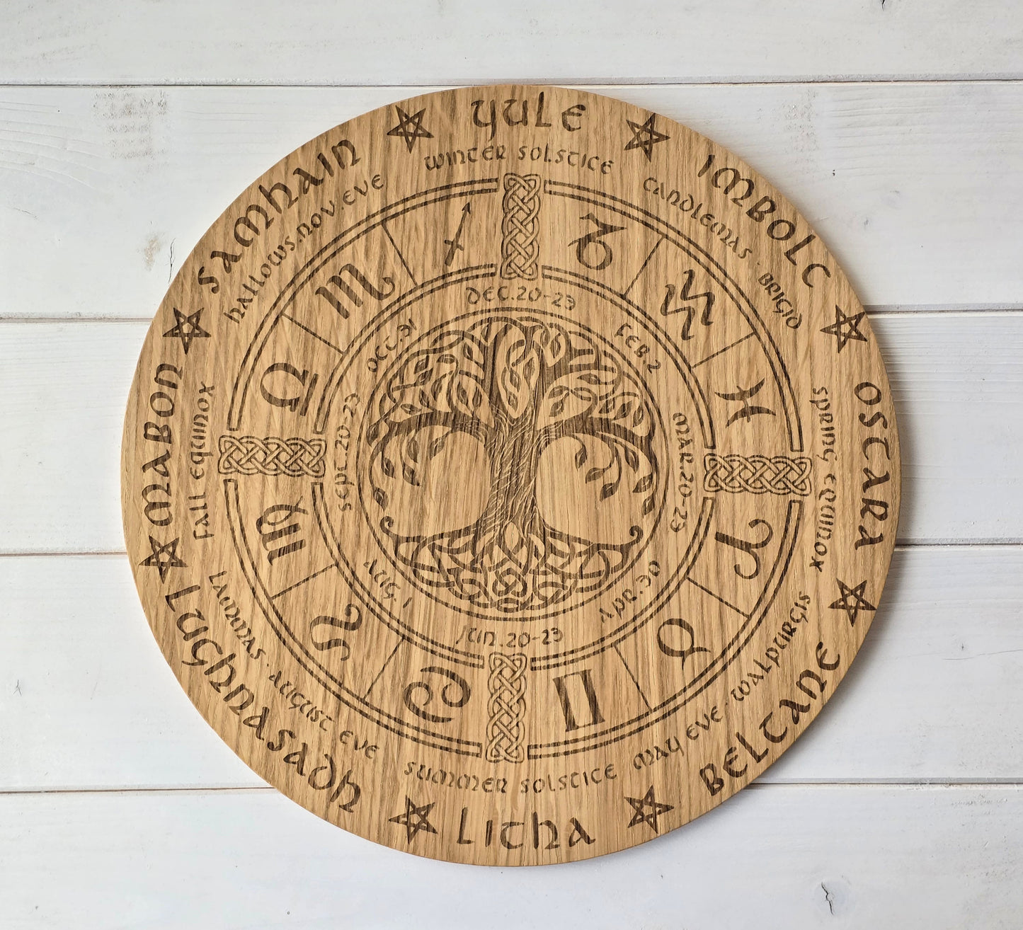Wheel of the Year – Laser Engraved Oak Circle | Pagan Sabbat Calendar | Handcrafted Ritual Décor