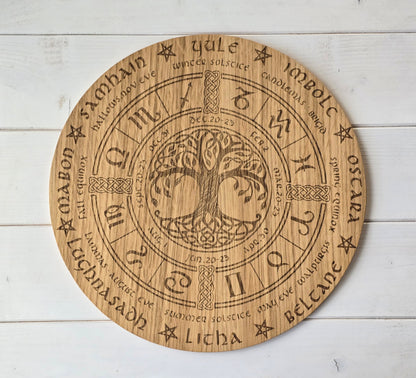 Wheel of the Year – Laser Engraved Oak Circle | Pagan Sabbat Calendar | Handcrafted Ritual Décor