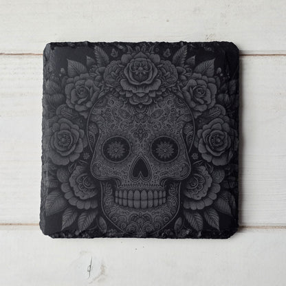 Square Slate Coasters – Intricate Mexican Skull Designs with Day of the Dead Flair