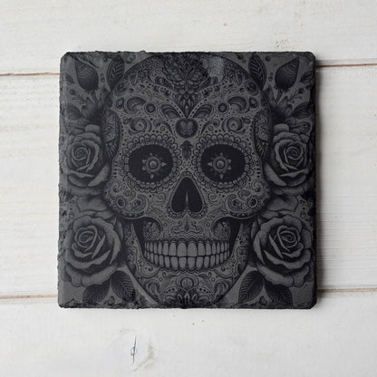 Square Slate Coasters – Intricate Mexican Skull Designs with Day of the Dead Flair