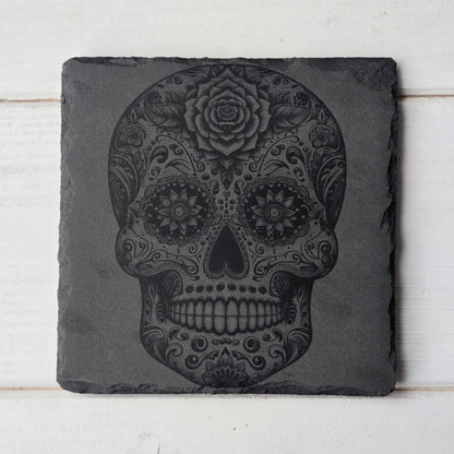 Square Slate Coasters – Intricate Mexican Skull Designs with Day of the Dead Flair