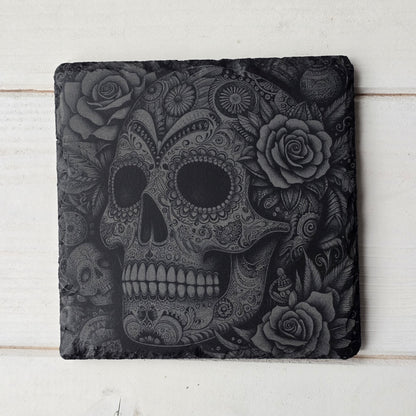 Square Slate Coasters – Intricate Mexican Skull Designs with Day of the Dead Flair