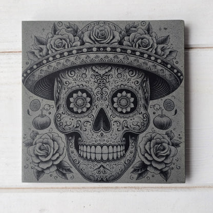 Square Slate Coasters – Intricate Mexican Skull Designs with Day of the Dead Flair