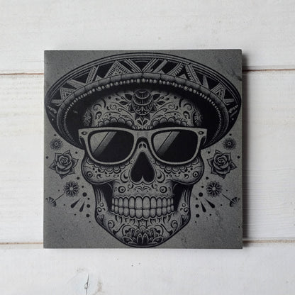Square Slate Coasters – Intricate Mexican Skull Designs with Day of the Dead Flair