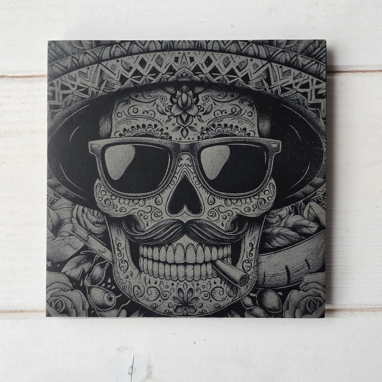 Square Slate Coasters – Intricate Mexican Skull Designs with Day of the Dead Flair