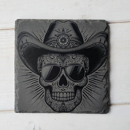Square Slate Coasters – Intricate Mexican Skull Designs with Day of the Dead Flair