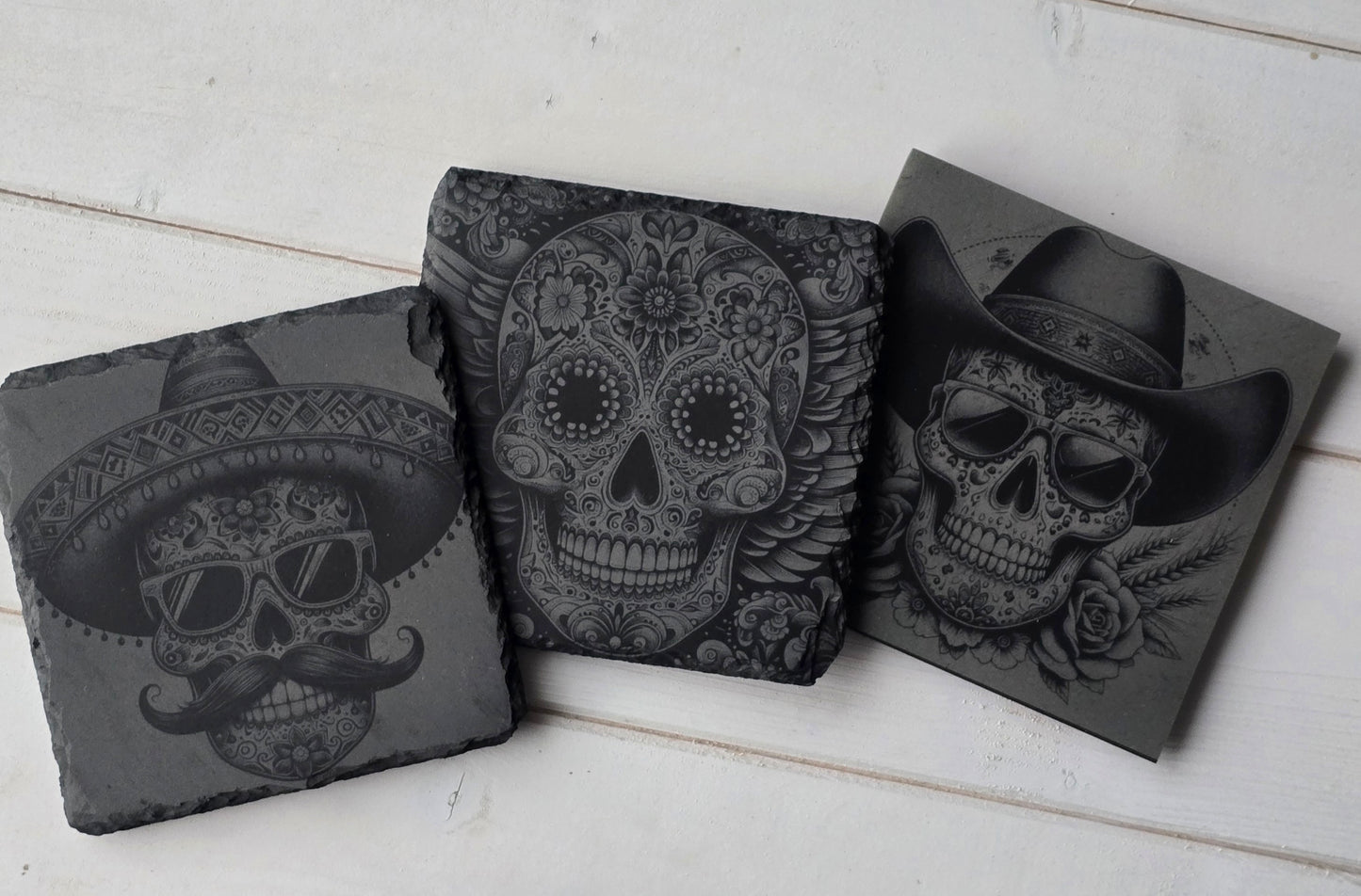Square Slate Coasters – Intricate Mexican Skull Designs with Day of the Dead Flair