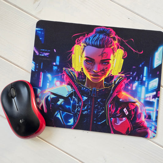 Neon Femme Cyberpunk Mouse Mat – Bold, Bright & Futuristic
