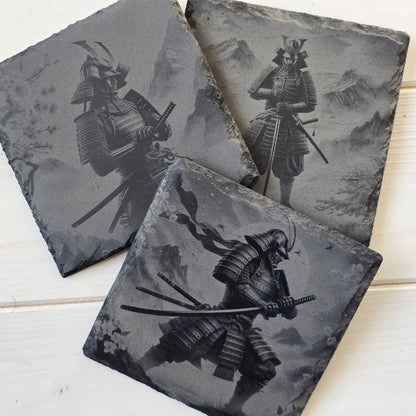 Engraved Samurai Warrior Slate Coaster – Rustic Japanese Gift & Home Bar Decor