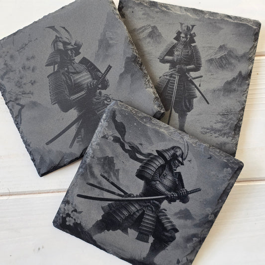 Engraved Samurai Warrior Slate Coaster – Rustic Japanese Gift & Home Bar Decor