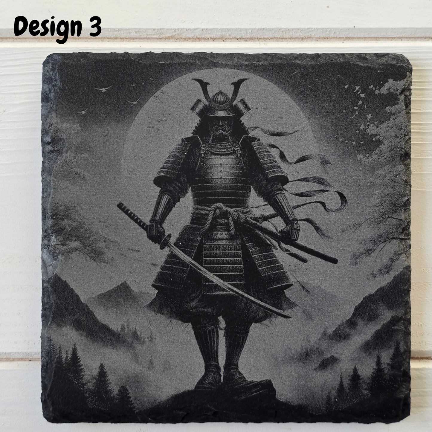 Engraved Samurai Warrior Slate Coaster – Rustic Japanese Gift & Home Bar Decor
