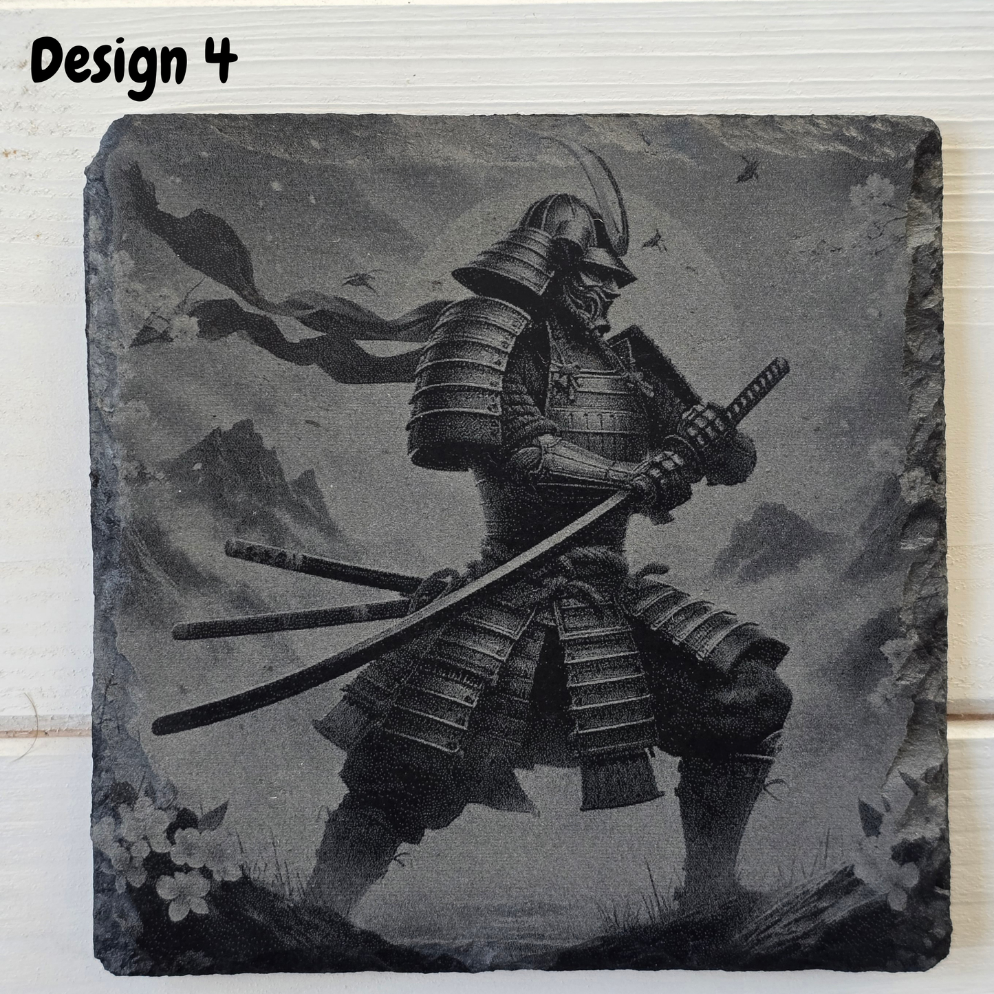 Engraved Samurai Warrior Slate Coaster – Rustic Japanese Gift & Home Bar Decor