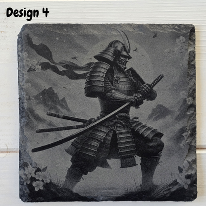 Engraved Samurai Warrior Slate Coaster – Rustic Japanese Gift & Home Bar Decor